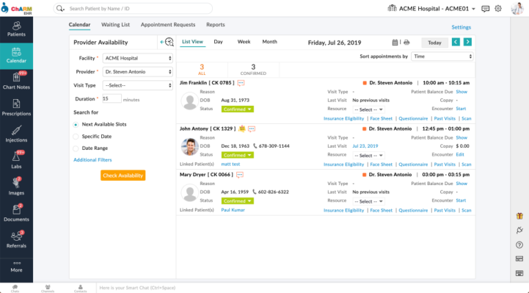 ChARM EHR Software Patient Calendar Appointments