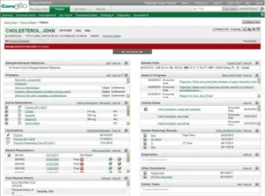 Care360 EMR software dashboard showing patient clinical and diagnostic summary.