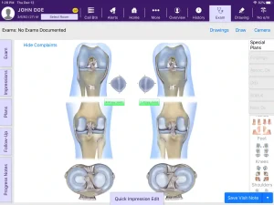 ModMed EMR Software Demo showing orthopedic exam tools with interactive knee joint diagrams, patient charting, and clinical documentation features.