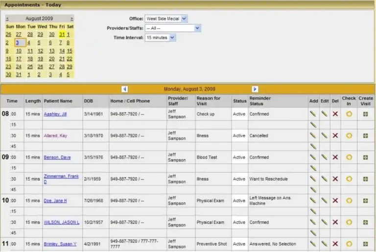 Practice Mate EMR Software Demo showing appointment scheduling screen with patient details, visit reasons, and reminder status tracking.