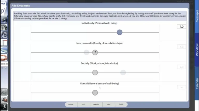 Penelope Case Management Software EMR demo with client self-scoring form, allowing ratings for personal well-being, relationships, social life, and overall sense of well-being.