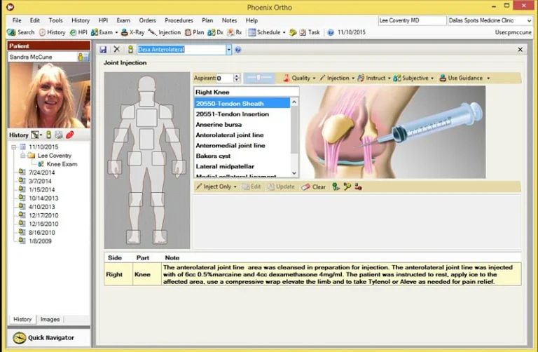 Phoenix Ortho EHR Software screenshot of joint injection charting for right knee, showing anatomical illustration and patient record integration.
