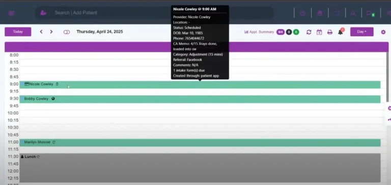 ChiroSpring Chiropractic EMR Practice Management Software Calendar