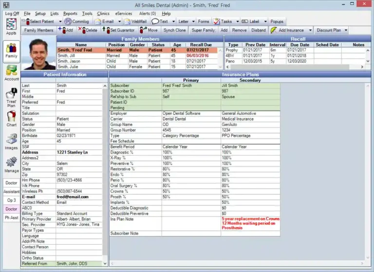 Open Dental EMR Software patient profile screen displaying demographics, family members, insurance details, and dental plan coverage.