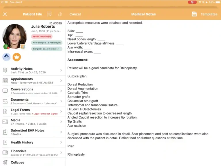 Symplast EHR Software Demo showing patient file with demographics, appointments, legal forms, and medical notes for plastic surgery planning.