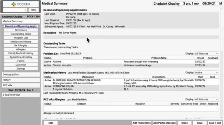 PCC Pediatrics EHR Practice Management Software Medical Summary